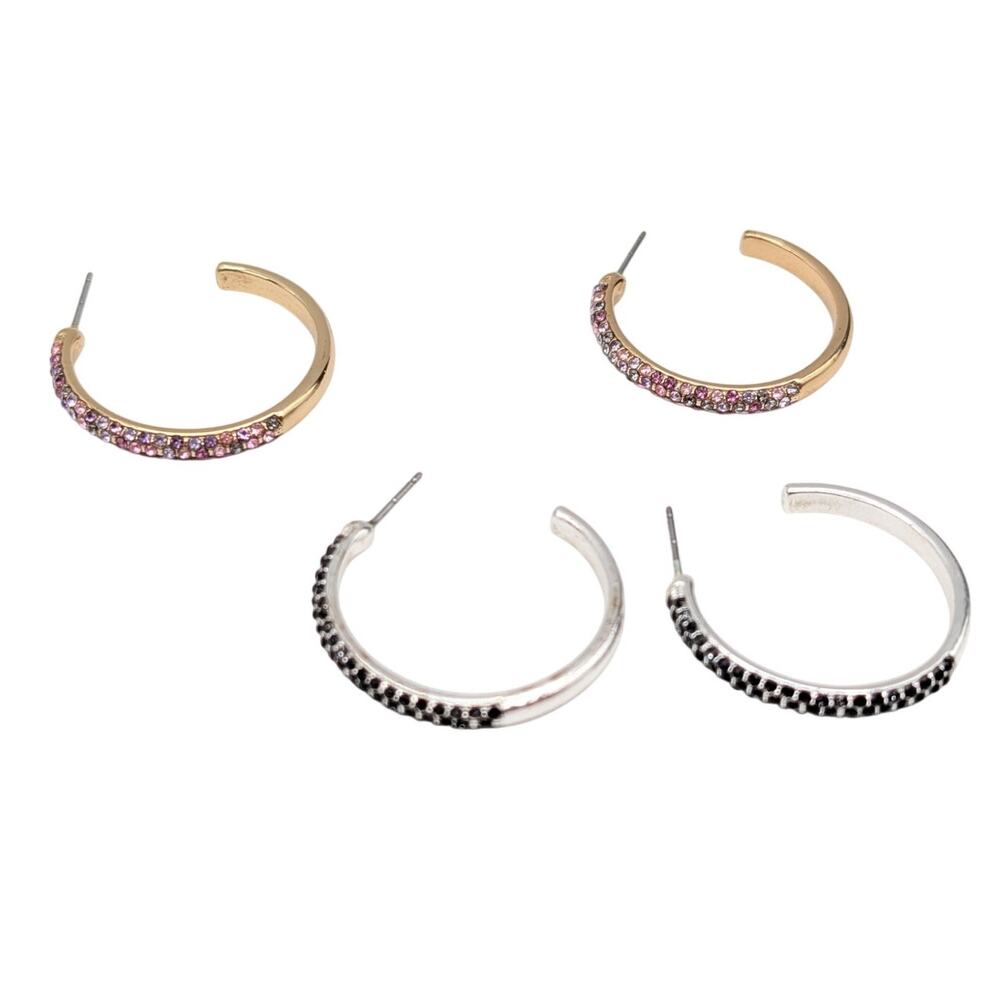 Two Pair 1" Rhinestone Encrusted Half Hoop Earrings